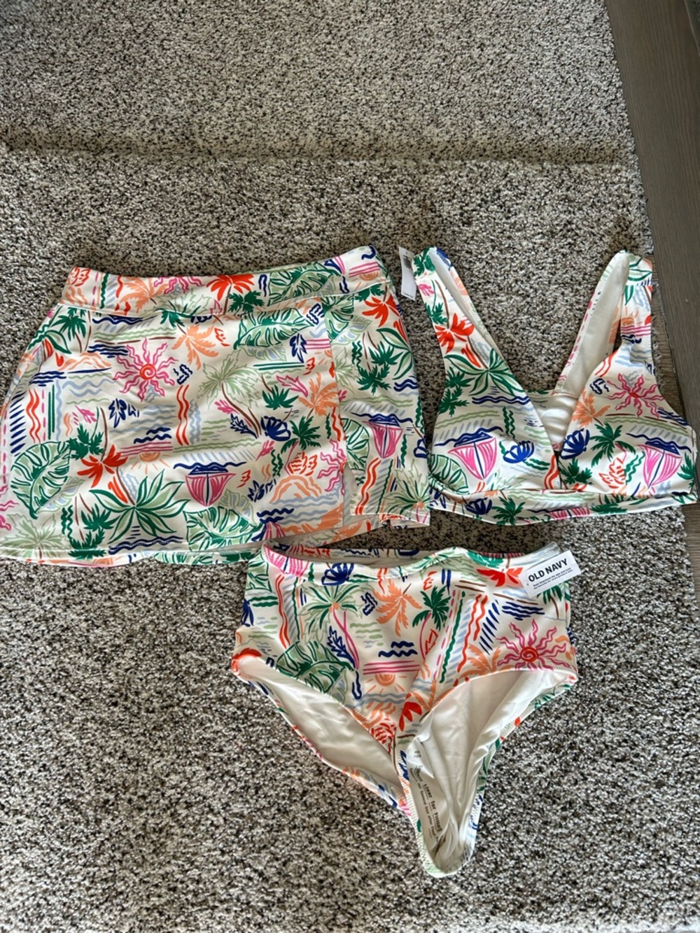 Old Navy Tropical Printed Bikini Set in White with Green, Blue, Orange Accents